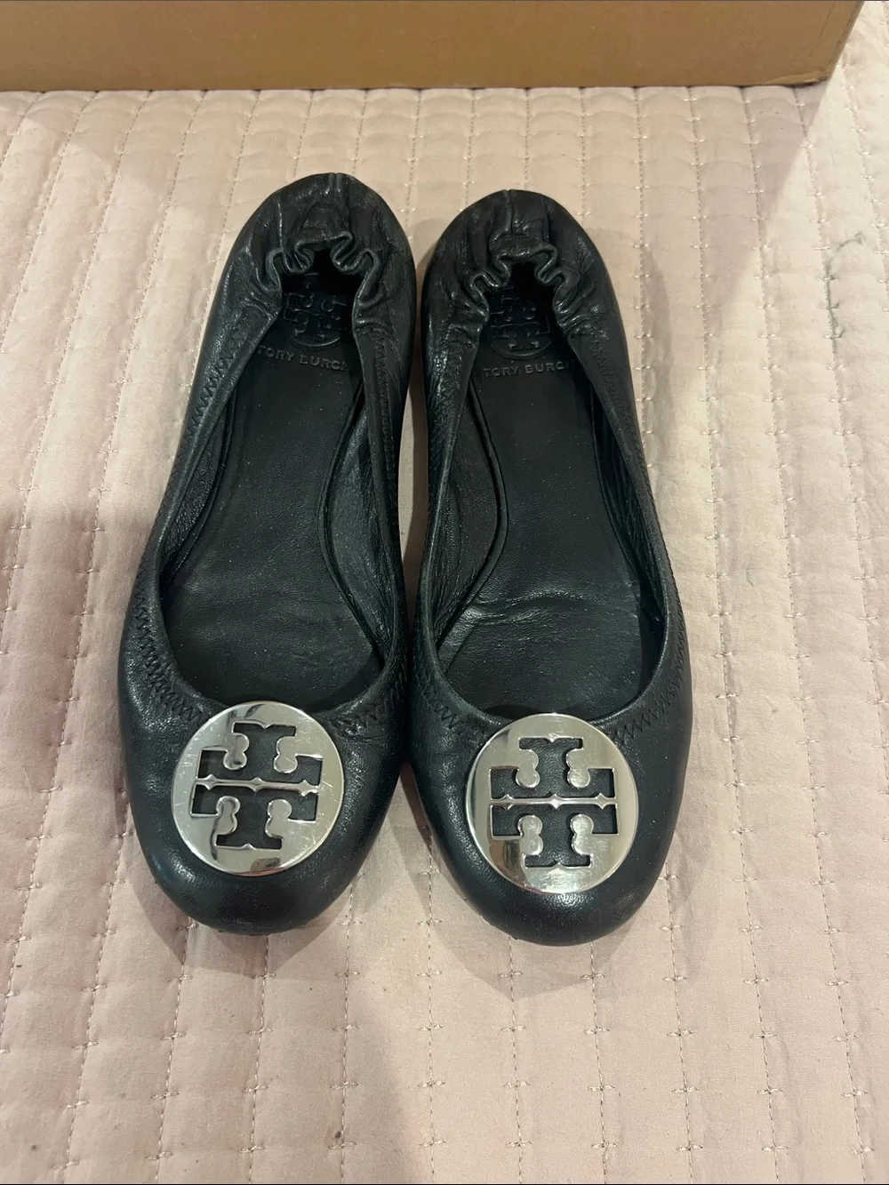 Tory Burch Black Leather Logo Round-Toe Ballet Flats